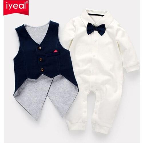 IYEAL Baby Boy Suit Outfits Set 2pcs Long Sleeves Gentleman Jumpsuit & Vest Coat with Bow Tie for Kids Clothes Wedding Party