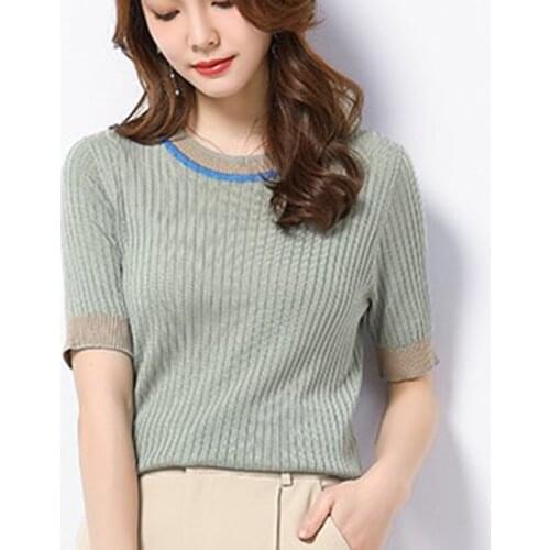 LJSXLS Summer Short Sleeve Thin Woman Sweater Solid Tops Black Casual O-Neck Ladies Sweaters Knitting Elasticity Soft Pull Femme