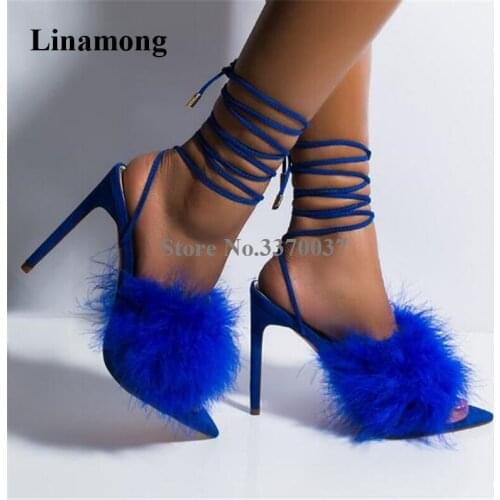 Newest Charming Women Pointed Open Toe Blue Fur Stiletto Heel Gladiator Sandals Lace-up Straps Cross High Heel Sandals Heels