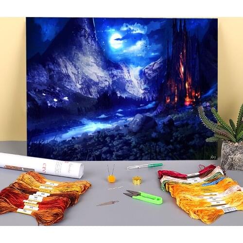 Scenery The Power Of The Moon Printed Water-Soluble Canvas 11CT Cross Stitch Patterns DIY Embroidery DMC Threads Floss