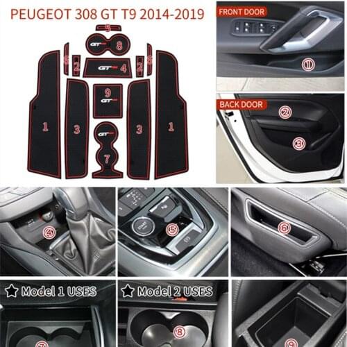 Lnterior Anti Slip Mat Door Slot Pad Cup Cushion Groove Mat For Peugeot 308 2014~2019 Holders Non-slip mats Car Accessories