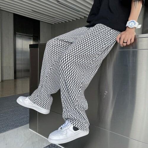 Printed Straight Ice Silk Pants Mens Korean Fashion Loose Casual Pants Mens Streetwear All-match Wide-leg Mopping Pants Men
