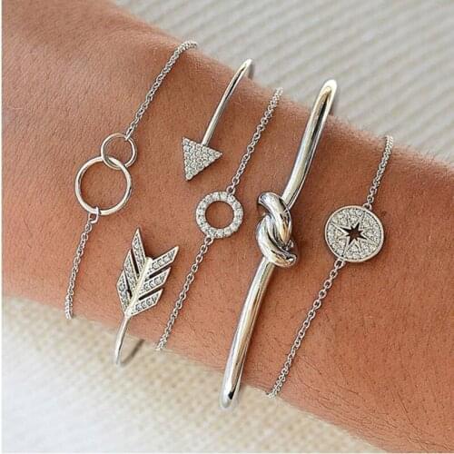 Luxury Vintage Crystal Inlaid Open Gold Silver Color Bracelets Bangles for Women Elegant Circle Arrow Charm Bangle Jewelry