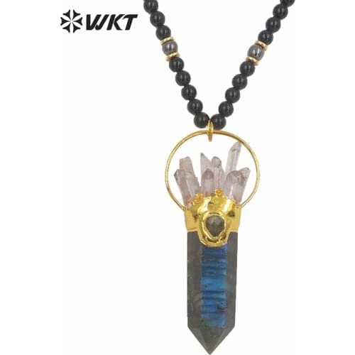 WT-N1244 Women fashon big hexagonal cube spirit point pendant necklace natural labradorite black stone statement stone necklace