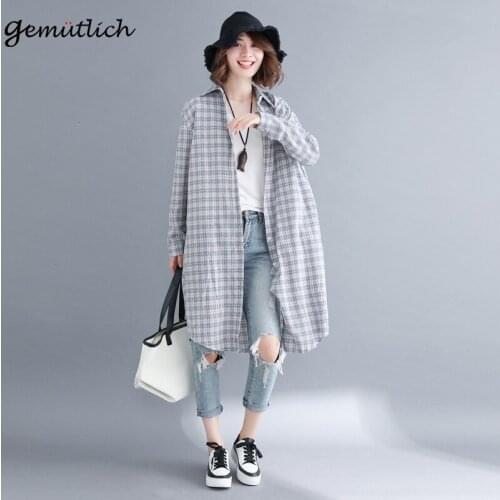 GEMUTLICH Over Size Women Plaid Long Blouse Shirt Autumn Turn-down Collar Long Sleeves Loose Cardigan Solid Color