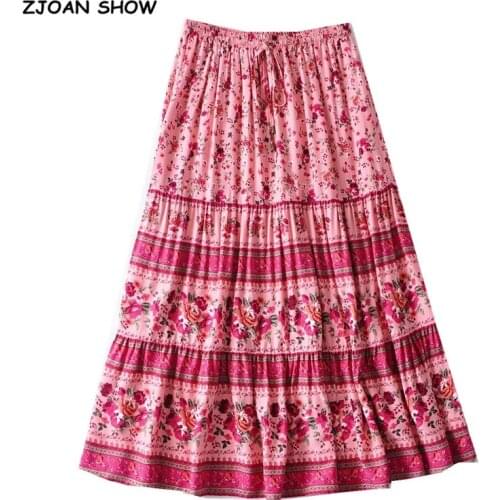 Bohemia Spliced Pleated Floral Print Long Skirt Hippie Women Adjust Stream Elastic Waist Swing Skirts Holiday Beach