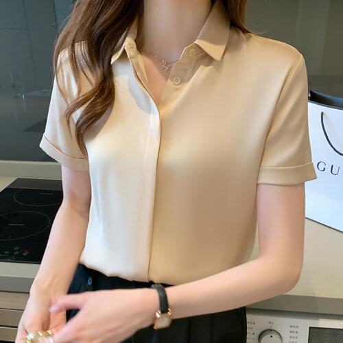 Womens Satin Silk Short-Sleeved Shirt Fashion Office Ladies Professional White Tops Solid Color Blouses Femme Buttons Up Blusas