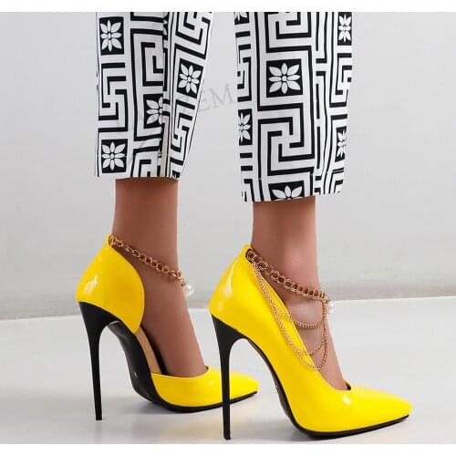 LAIGZEM Women Pumps Shiny Stiletto High Heels Sandals Chains Ankle Straps Party Dress Prom Wedding Shoes Woman Big Size 38 45 48