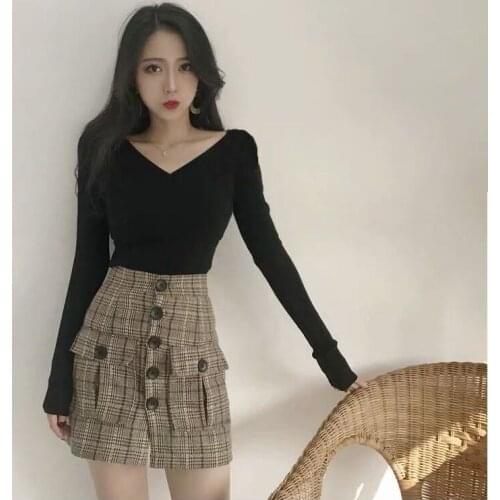 Woman TShirts Black Tight Long Sleeve Double V-neck Top Womens Slim T-shirt Crop Top Mujer Camisetas