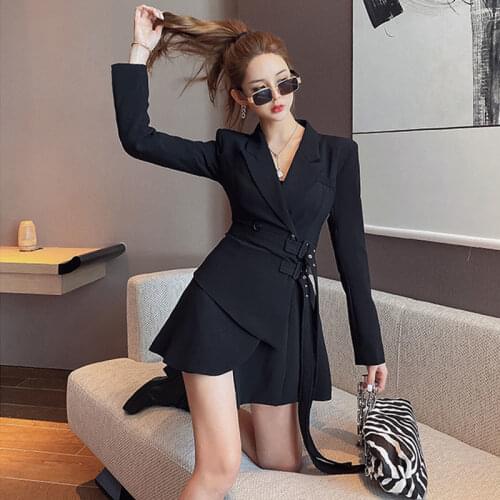 Temperament Fake Two-Piece Suit Lace-Up Suit Waist Waist Dress Female Summer 2021 New Long Sleeve