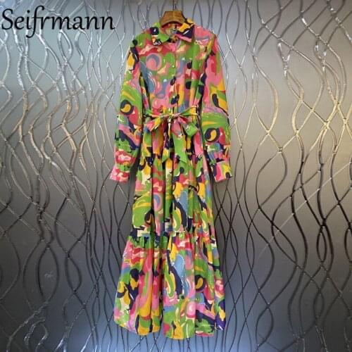Seifrmann New 2021 Autumn Women Fashion Designer Party Long Dress Lantern Sleeve Bow Sashes Printed Ladies Patchwork Dresses
