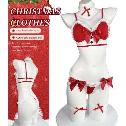 Women Erotic Christmas Lingerie Red Bow Deep V Bra Thong Set Cute Cosplay Costumes Sexy Party Sleepwear Christmas Gift for Lover