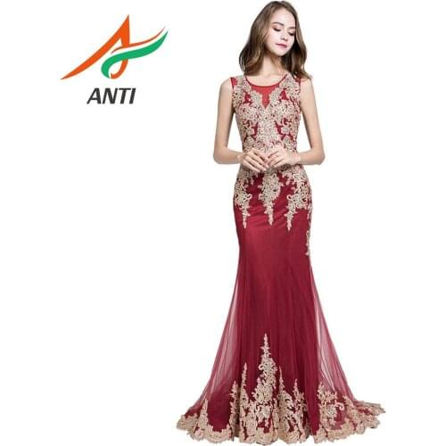 ANTI Burgundy Evening Dress Long 2019 Formal Party Gowns Women Elegant Sleeveless Mermaid Beadings Crystal Tulle Robe De Soiree