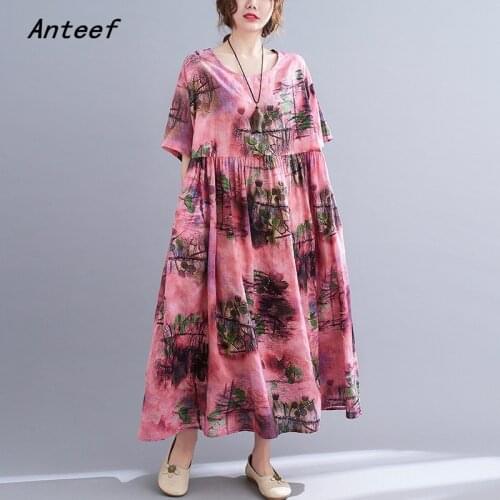 Short sleeve cotton vintage floral dresses for women casual loose long woman summer dress elegant clothes 2021
