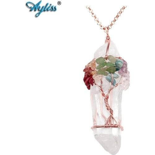 Ayliss Natural Irregular Clear Crystal Quartz Pendant Reiki Chakra Handmade Wire Wrapped Tree of Life Pendant Necklace Jewelry