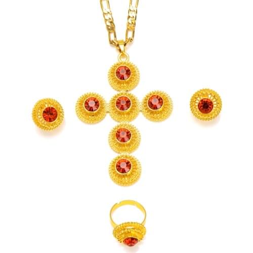 Noble 24 k Solid Fine Gold Filled earrings ring Cross Pendant large-scale Chain Select Jewelry Sets ruby red semi-precious