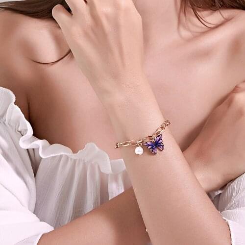 Butterfly Bracelet for Women Girl Gold Color Alloy Chain Simulated Pearl Pendant Charms Bracelet Jewelry Gift for Girls