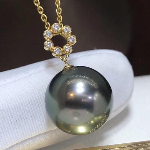 D330 Pearl Pendant Fine Jewelry Solid 18K Gold Natural 11-12mm Round Ocean Sea Tahiti Black Pearls Pendant Necklaces for Women