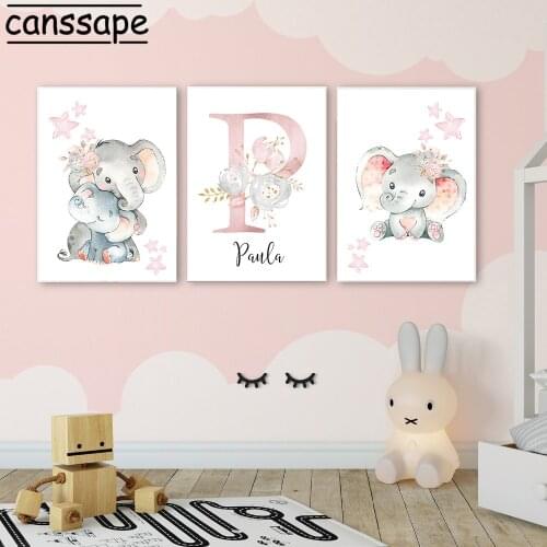Nursery Wall Art Prints Custom Name Poster Elephant Canvas Painting Nordic Posters Wall Pictures Pink Baby Girls Bedroom Decor