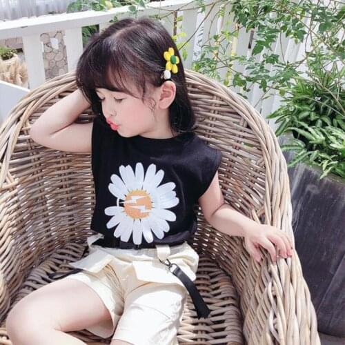 DFXD Fashion Kids Summer Clothes Set Black Little Daisies Short Sleeve T-shirt Tops+Shorts 2PC Cargo Suit For 2-7T Baby Outfit