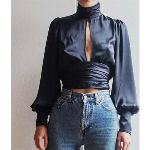 Elegant Office Women Autumn Satin Tuttleneck Cut-out Slim Shirt Top Long Puff Sleeve Shirt Backless Tops European stylish Blusas