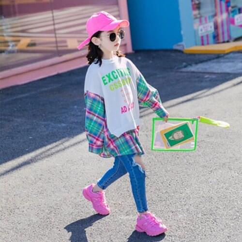 Girls Pullover Fashion Teen Girls Blouse Plaid Letter Printing Patchwork Cotton Tops Long Sleeve Children Outfit 6 8 10 12 Years