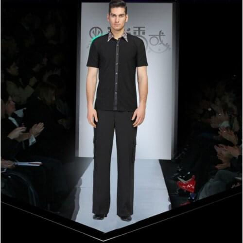 Mens New Latin Dancing Shirt Short Sleeve Adult Male Modern Dance Latin Dance Costume Male Rumba Samba Dancing Suit B-4233