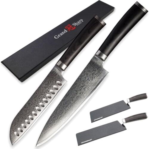 Damascus Knife Set 2ps Chef Santoku Kitchen Knives vg10 Japanese Steel Damascus Knives Chefs Cooking Tools Black Pakka Wood NEW