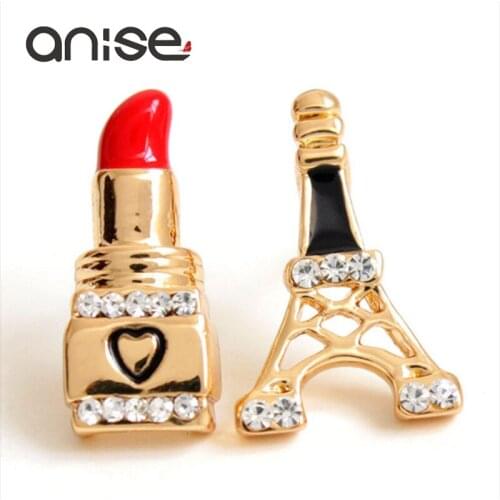 Anise New Lipstick Transmission Tower Stud Earrings Asymmetry Fashion Personality Rhinestones Earrings For Women Earring