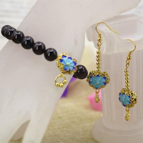 Wholesale price natural garnet stone 8mm round beads earrings bracelets gold-color cloisonne jewelry set 7.5inch B3103