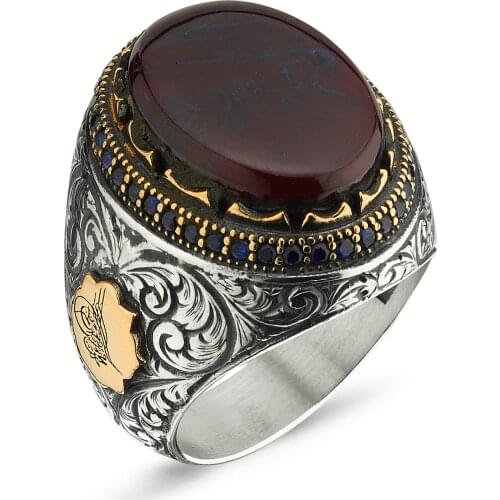 Original New Hot Selling Carnelian English Men Rings Antique Islamic Trendy Bohemian 925 Silver Color Mens Ring Vintage Jewelry