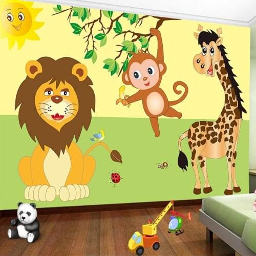 Custom Photo Wallpaper 3D Cartoon Childrens Room Background Wall Mural Cute Lion Monkey Giraffe Animal Frescoes Papel De Parede