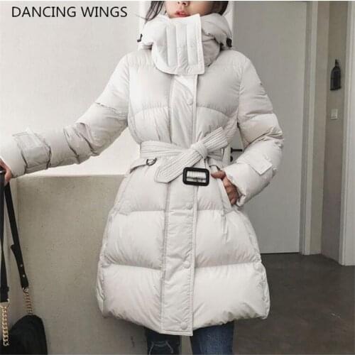 Casual Hooded Women Down Jacket Coat Long Thick Warm Belt 90% White Duck Down Jacket Ladies