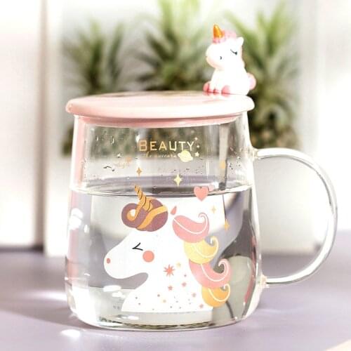 Unicorn Cup Pink Transparent Glass With Lid Couple Cup Children Girl Ceramic Restaurant Romantic Household Water Cup