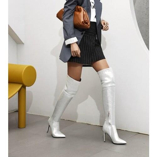 Long legged high heel over knee boots with skinny thin heel and patent leather boots large size 44-49