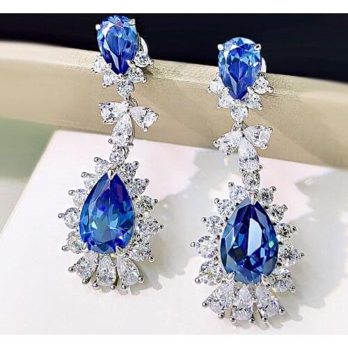Earrings 925 sterling silver Leaf Flower Teardrop Aquamarine Royal Jewellery Big Dark Blue Crystal Long Dangle Wedding Earrings