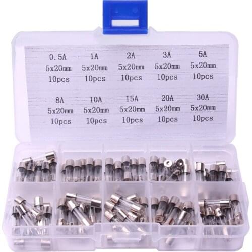 Glyduino 100PCS/Lot Glass Fuse Tube Fast-Break Type 10 Kinds 250V 5*20 MM 0.5 1 2 3 5 8 10 15 20 30A With Mixed Package Box