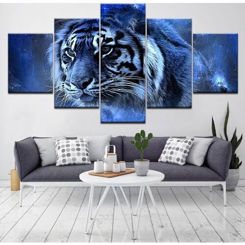 The tiger blue background animal 5 Piece Wallpapers Art Canvas Print modern Poster Modular art painting for Living Room Decor