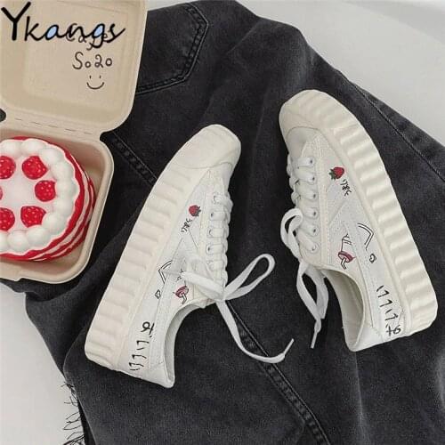 Campus Style Low-cut Breathable Printed Women White Shoes Korean Casual Lace-up Outdoor Sport Shoes Fashion Lady Vulcanize Shoes