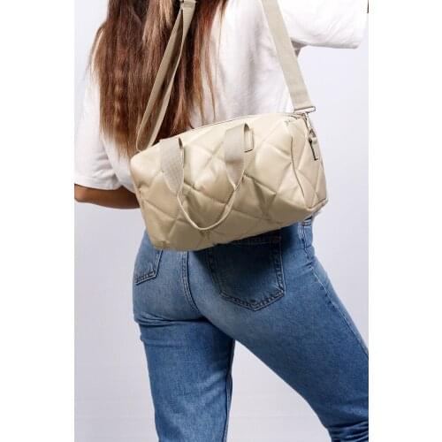 Womens Beige Quilting Print Puff Cylinder Bag