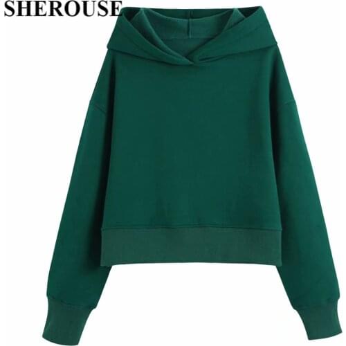 SHEROUSE Women Fashion Solid Hoodie Sweatshirts Hooded Collar Long Sleeves Vintage Streetwear Chic Top SweatShirt femme