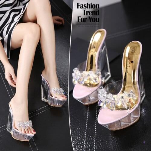 Women Sandals Sexy All-match Super High Heel Office Pumps Crystal Glass Diamond Transparent High Heels Platform Wedge Summer
