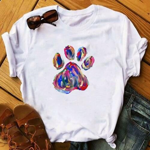 Women 2020 Dog Paw Watercolor Cute Short Cat Lover Cool Flower Animal Print Summer Harajuku Streetwear Top Female Clothes