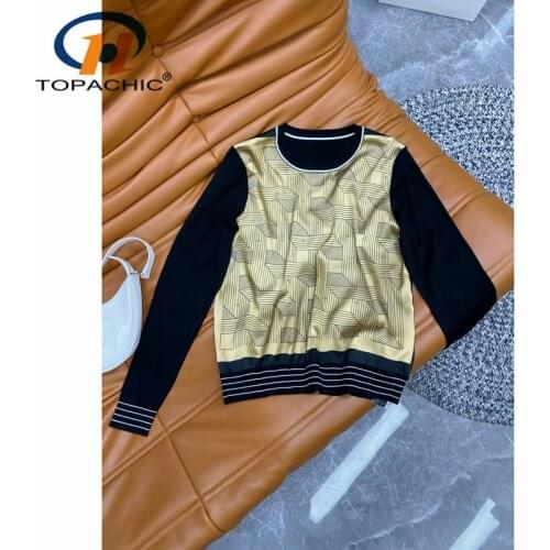 9.7 High Quality Geometric Print Spliced O-Neck Long Sleeve Wool Knit Pullover Women Sweater Autumn New