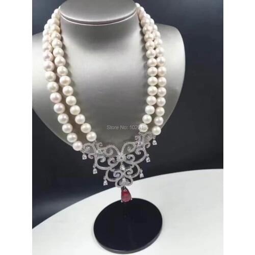 2rows 19-20inch freshwater pearl near round necklace 8-9mm wholesale beads fashion gift red flower zircon