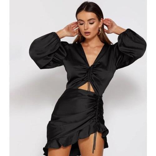 Satin Woman Summer Dress Drawstring Irregular Hollow Out Hip V Neck Sexy Dress Long Sleeve High Waist Ruffled Club Dress Lady