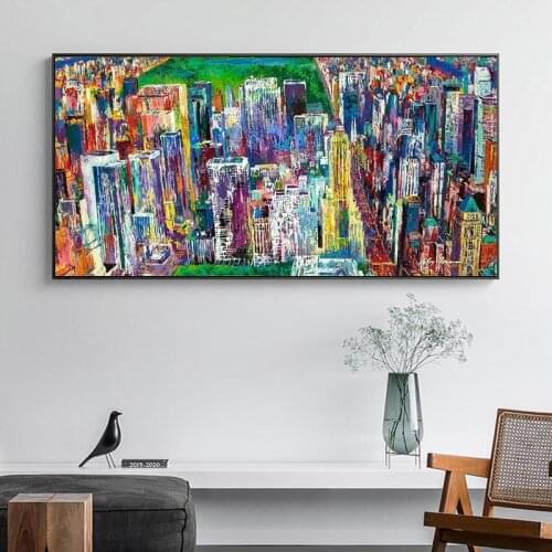 Large Size abstract city Oil Painting Manhattan Panorama Wall Decor Blue Painting for Print Wall Picture no frame