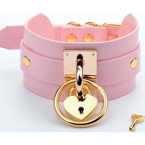 Handmade Oversize Tall High Choker Lockable Padlock Key BDSM Collar Pink Golden Metal Necklace Bondage Slave Collar Gothic