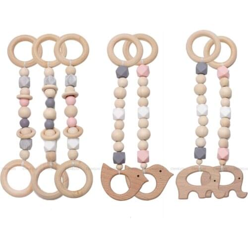 Wooden Elephant/Bird Baby Toys Silicone Beads Teether Nordic Kids Play Gym Wood Bead Hanging Pendant Decoration Toy Photo Props