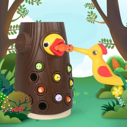 Childrens Wooden Magnetic Woodpecker Insect Catching Game Animal Feeding Childrens Bird Puzzle Fishing Toy Family Toy Set